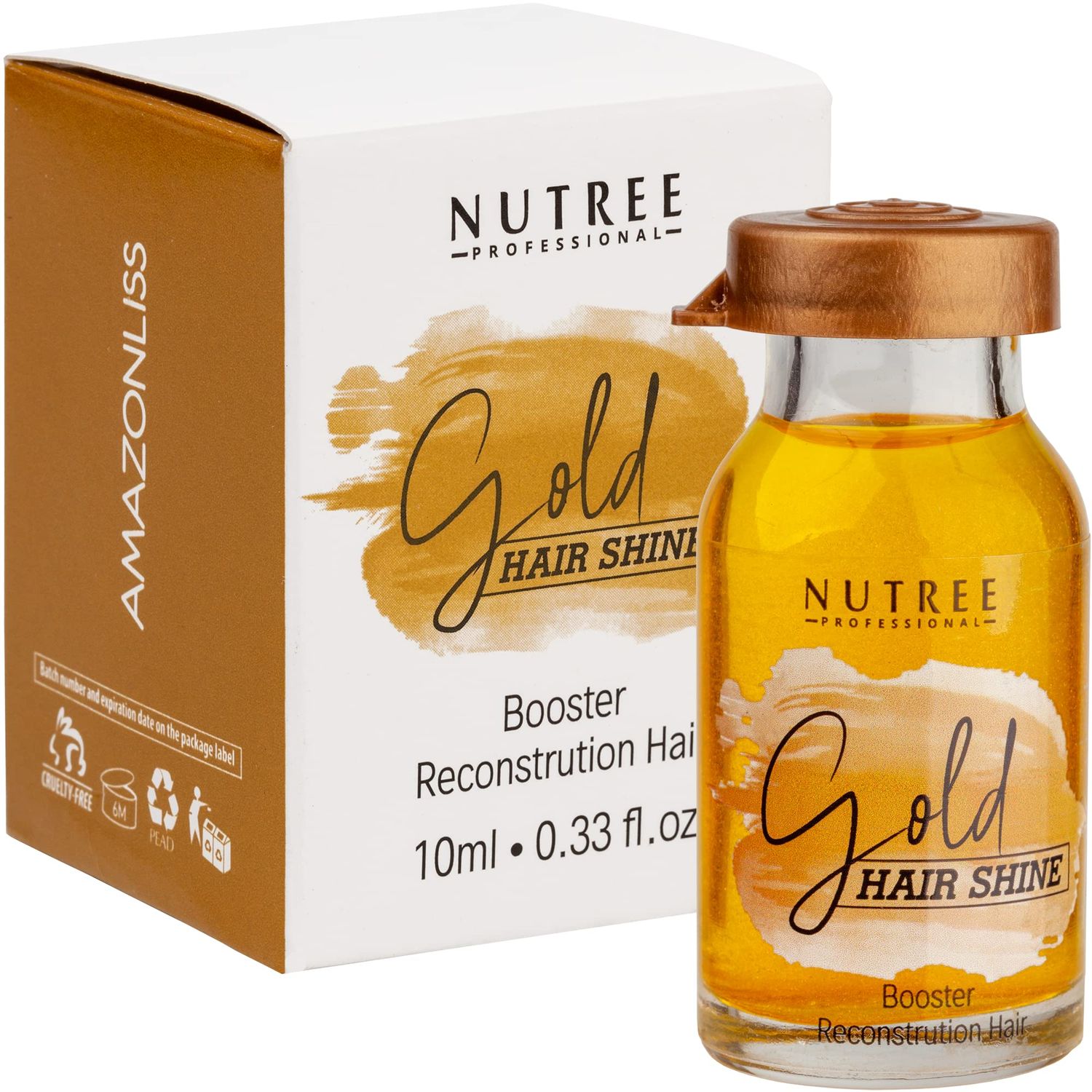 Nutree Professional Hair Shine GOLD Reconstruction Hair Booster 0.33 oz. Will increase the restorative effect of any product - mask, balm, shampoo.