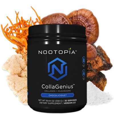 Nootopia Collagenius v 2.0 - Blended Powder of 4 Mushrooms, Collagen Superfoods - Brain Supplement Supports Focus, Memory, Hair, Skin - 30 Servings