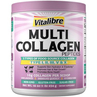 Vitalibre Multi Collagen Peptides Powder Type I II III V X, Hydrolyzed Collagen Protein for Women and Men, Skin, Hair, Nails, Unflavored, Non-GMO, Keto GF, Zero Sugar, 45 Servings, 16oz