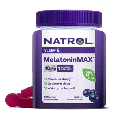 Natrol Melatonin 10mg Sleep Aid Supplement, 80 Count MelatoninMax Gummies, Blueberry Flavor, 10 mg Melatonin Gummies for Occasional Sleeplessness, 80 Day Supply