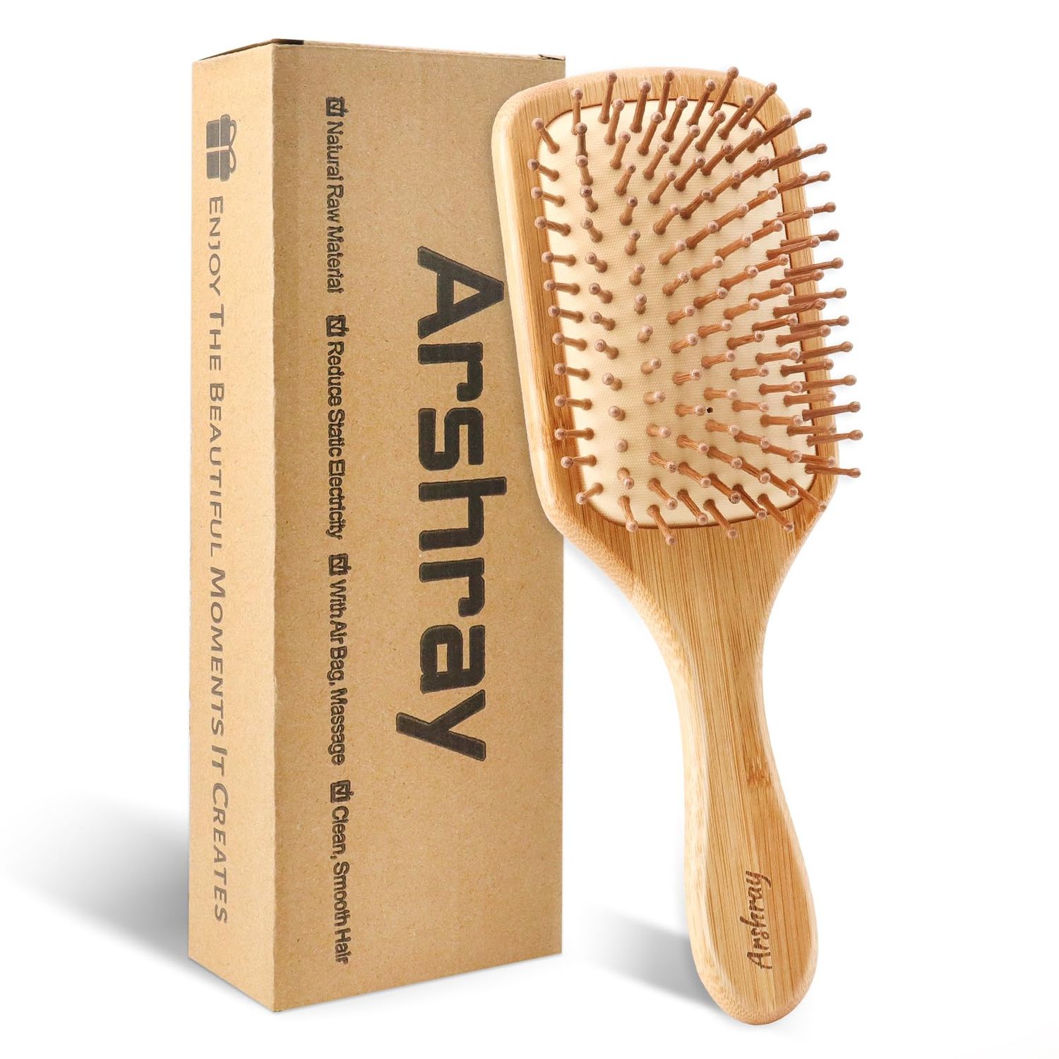 Arshray Natural Bamboo Bristles,Soft Bristle Cushion,Reduce Static Electricity,Hair Comb Teeth Round and Smooth,Promote Scalp Blood Circulation,Ergonomic Handle