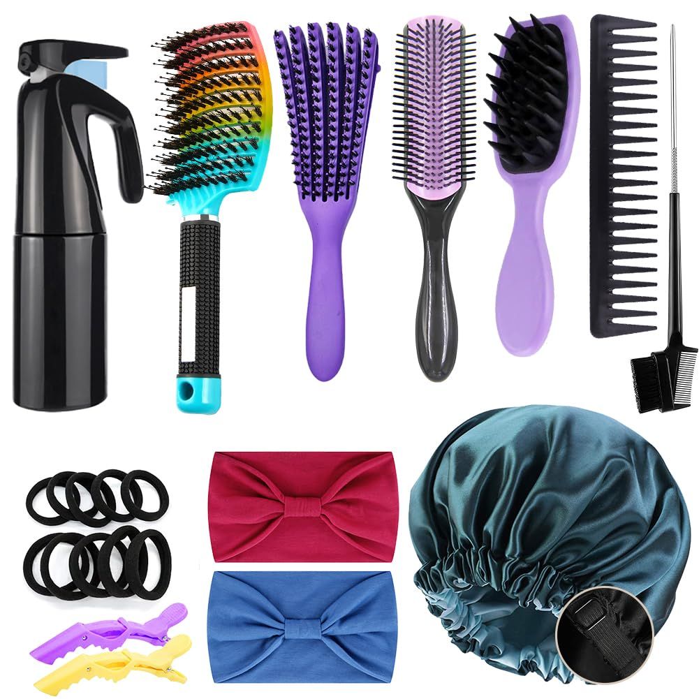 12Pcs Detangling Brush Set for Curly Hair, Curly Hair Brush with Sleep Bonnet Afro AmericaAfrican 3a to 4c Texture, Easier and Faster on Wash Days