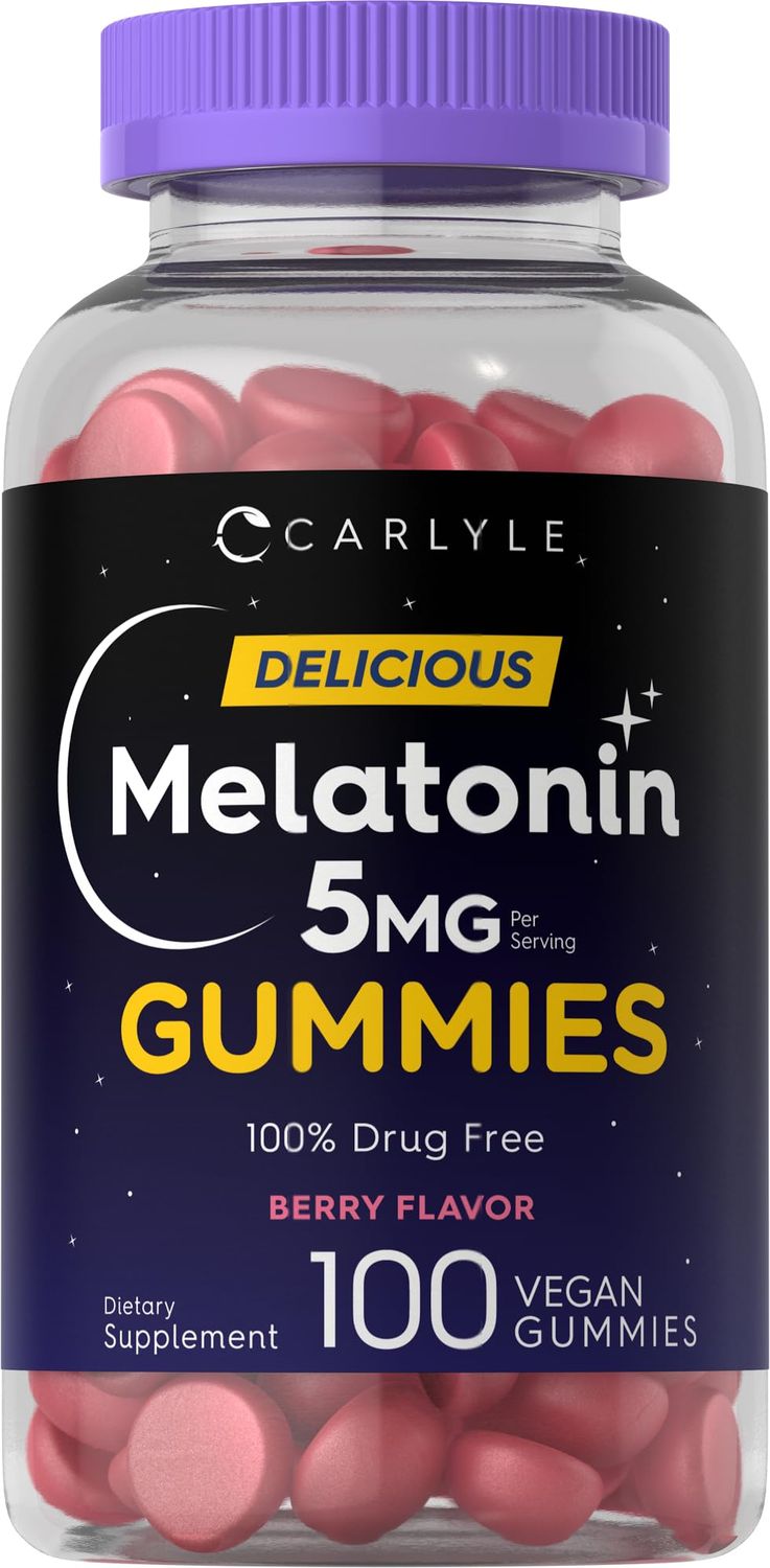 Carlyle Melatonin 5mg Gummies 100 Count Berry Flavor 100 Drug Free Non-GMO, Gluten Free Supplement