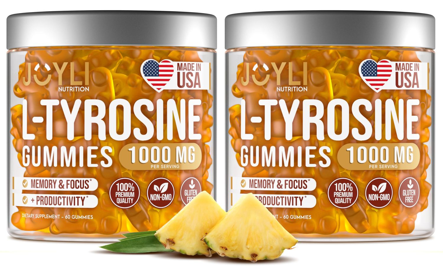 2 Pack - JOYLI L-Tyrosine Gummies 1000MG - Sugar-Free Vegan Focus Supplement Mood Support Gummies for Kids Adults - 500mg Per Gummy - Sleep Gummies for Memory, Energy Wellness - 60 Pcs per Pack