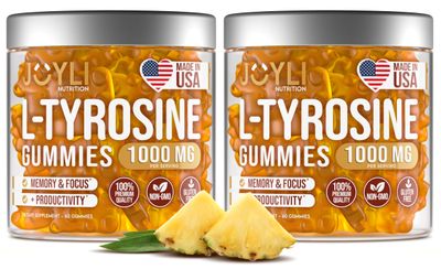 2 Pack - JOYLI L-Tyrosine Gummies 1000MG - Sugar-Free Vegan Focus Supplement Mood Support Gummies for Kids Adults - 500mg Per Gummy - Sleep Gummies for Memory, Energy Wellness - 60 Pcs per Pack