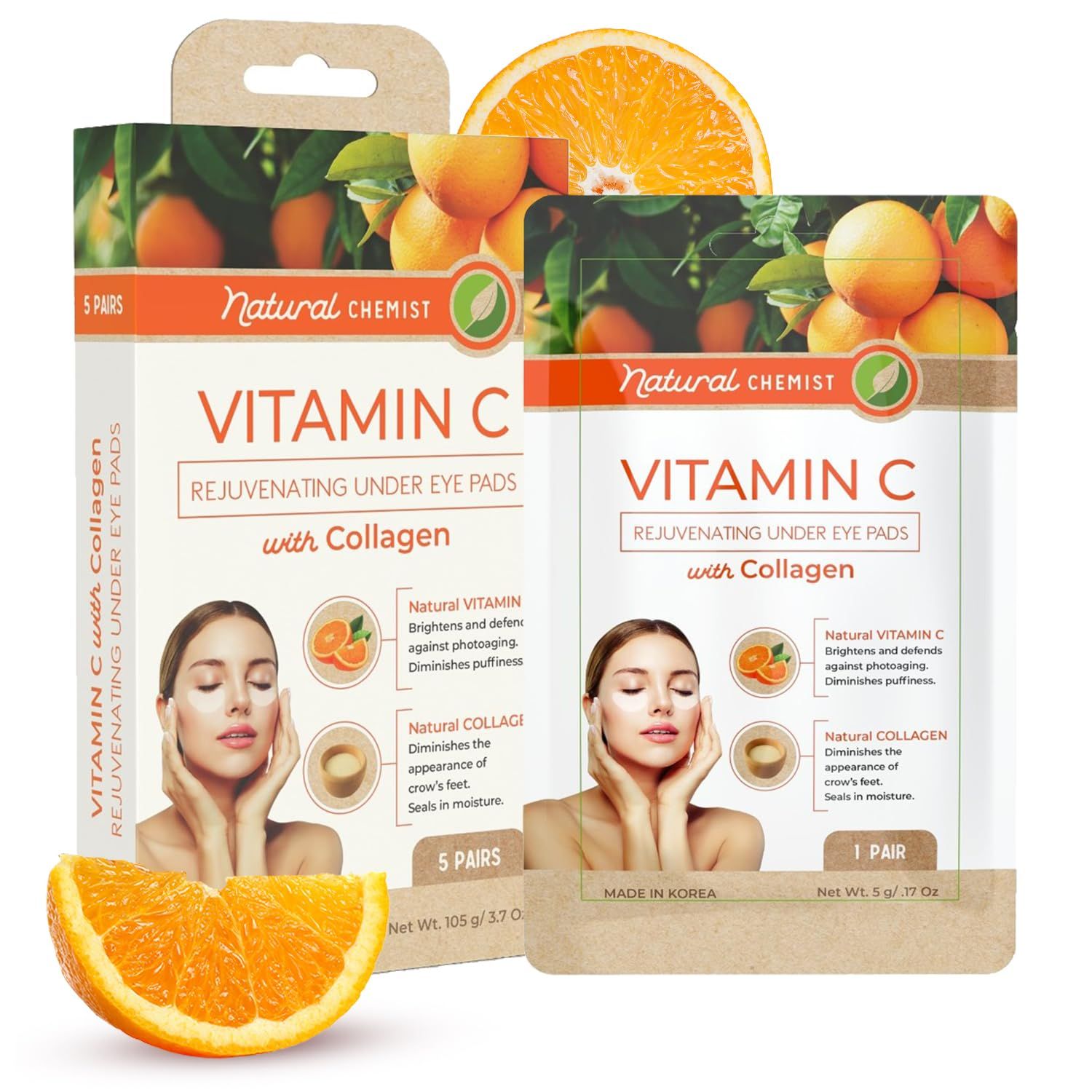 Natural Chemist Vitamin C Collagen Under Eye Patches - Anti-Aging, Reduces Dark Circles, Hydrating, Dermatologist Tested, Cruelty Free Korean Skin Care For All Skin Types - 5 Pairs