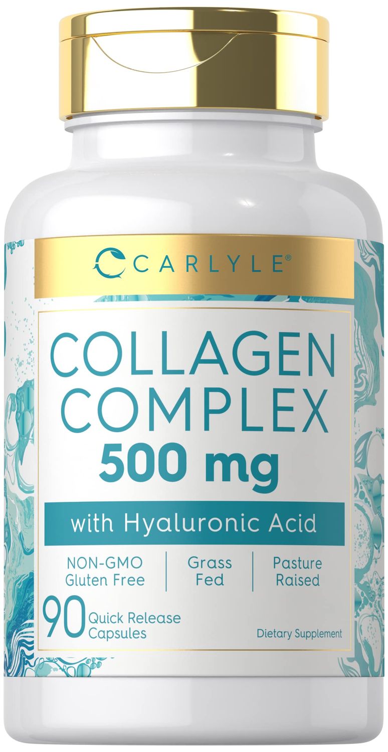 Carlyle Collagen Pills with Hyaluronic Acid 500mg 90 Capsules Hydrolyzed Collagen Supplement Non-GMO, Gluten Free