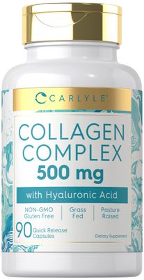 Carlyle Collagen Pills with Hyaluronic Acid 500mg 90 Capsules Hydrolyzed Collagen Supplement Non-GMO, Gluten Free