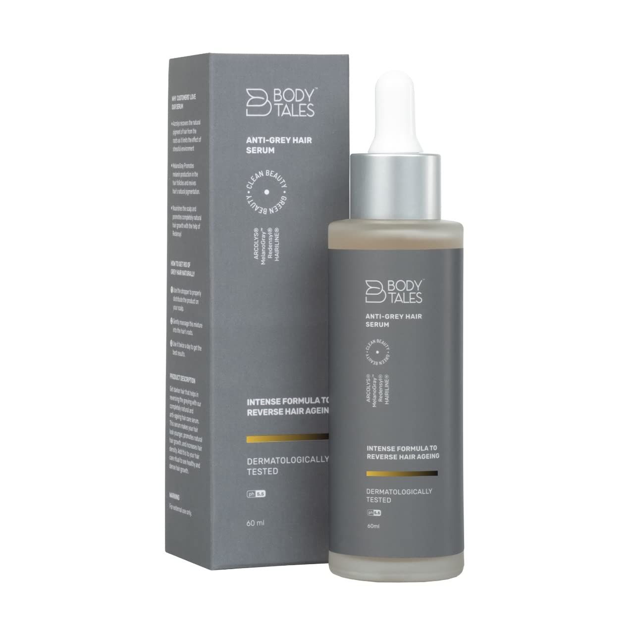 BODYTALES Anti-Gray Hair Serum, Arcolys, Melanogray, Redensyl, Hairline, Reduce Pre-Mature Hair Greying, Reverse Hair Graying, Paraben Free, Green Beauty, Clean Beauty, 60ml