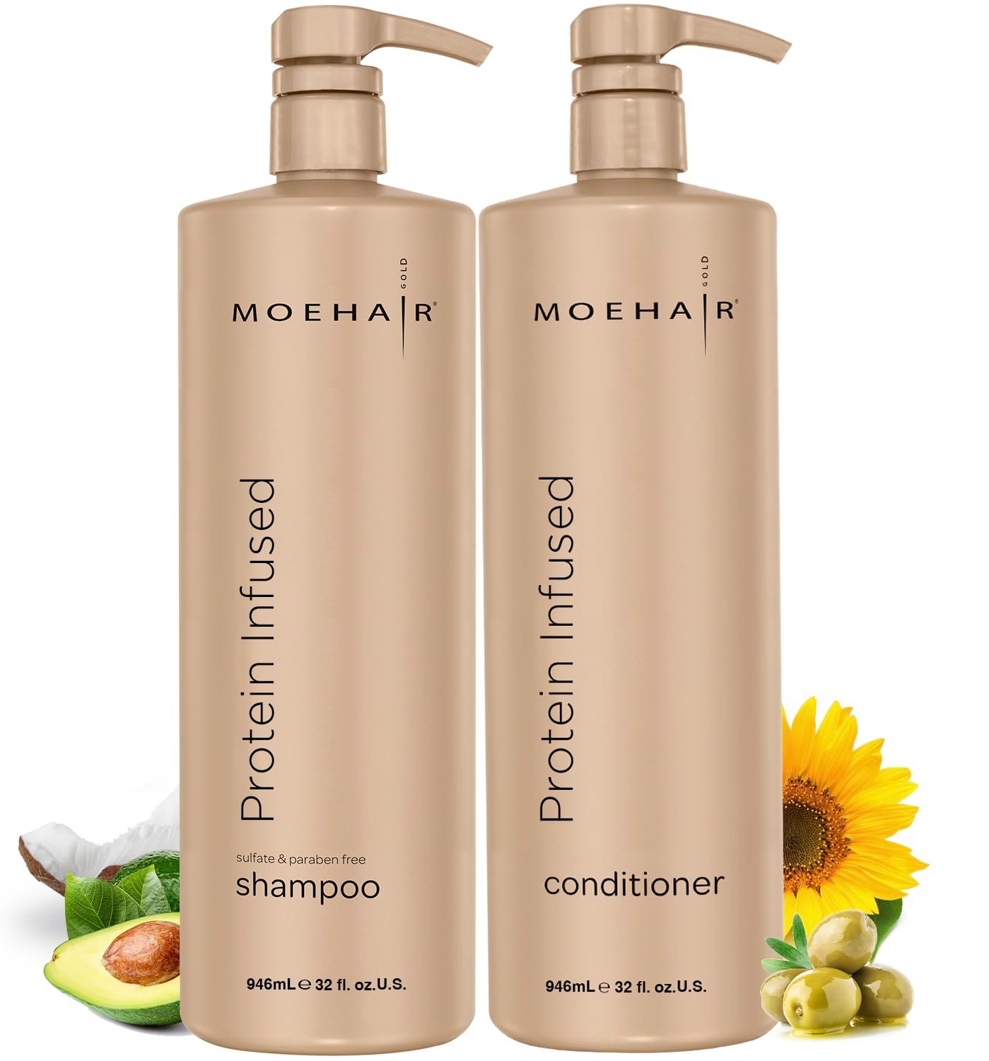 MOEHAIR Protein Infused Shampoo and Conditioner Set for Dry Damaged Hair Strengthens Hair Fiber Sulfate Paraben Free Adds Shine, Softens Hydrates Hair (32 Fl Oz)