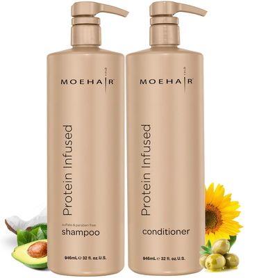 MOEHAIR Protein Infused Shampoo and Conditioner Set for Dry Damaged Hair Strengthens Hair Fiber Sulfate Paraben Free Adds Shine, Softens Hydrates Hair (32 Fl Oz)