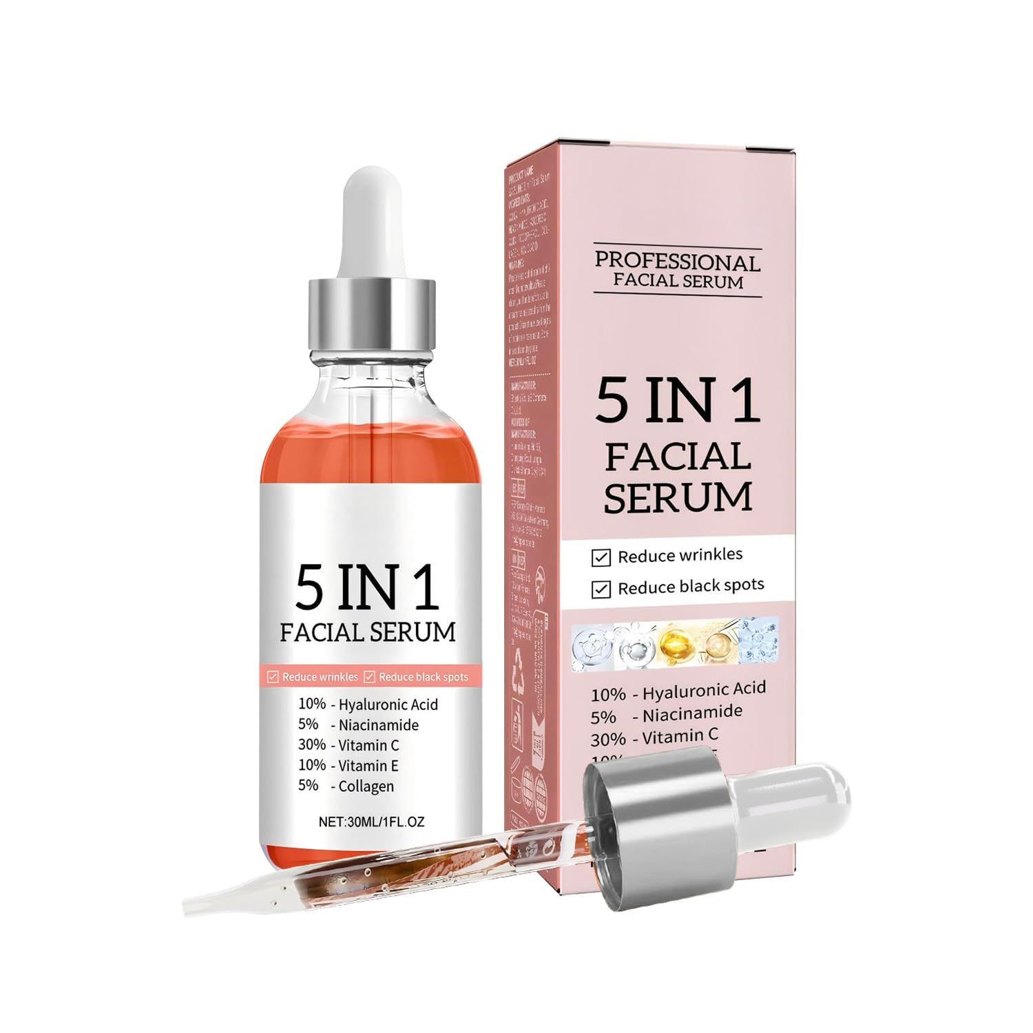 5 in 1 Facial Serum with Vitamin C, Vitamin E, Hyaluronic Acid, Niacinamide Collagen, Vitamin C Face Serum for Women for Dull Skin Facial Moisturizing, 1.05 Fl Oz