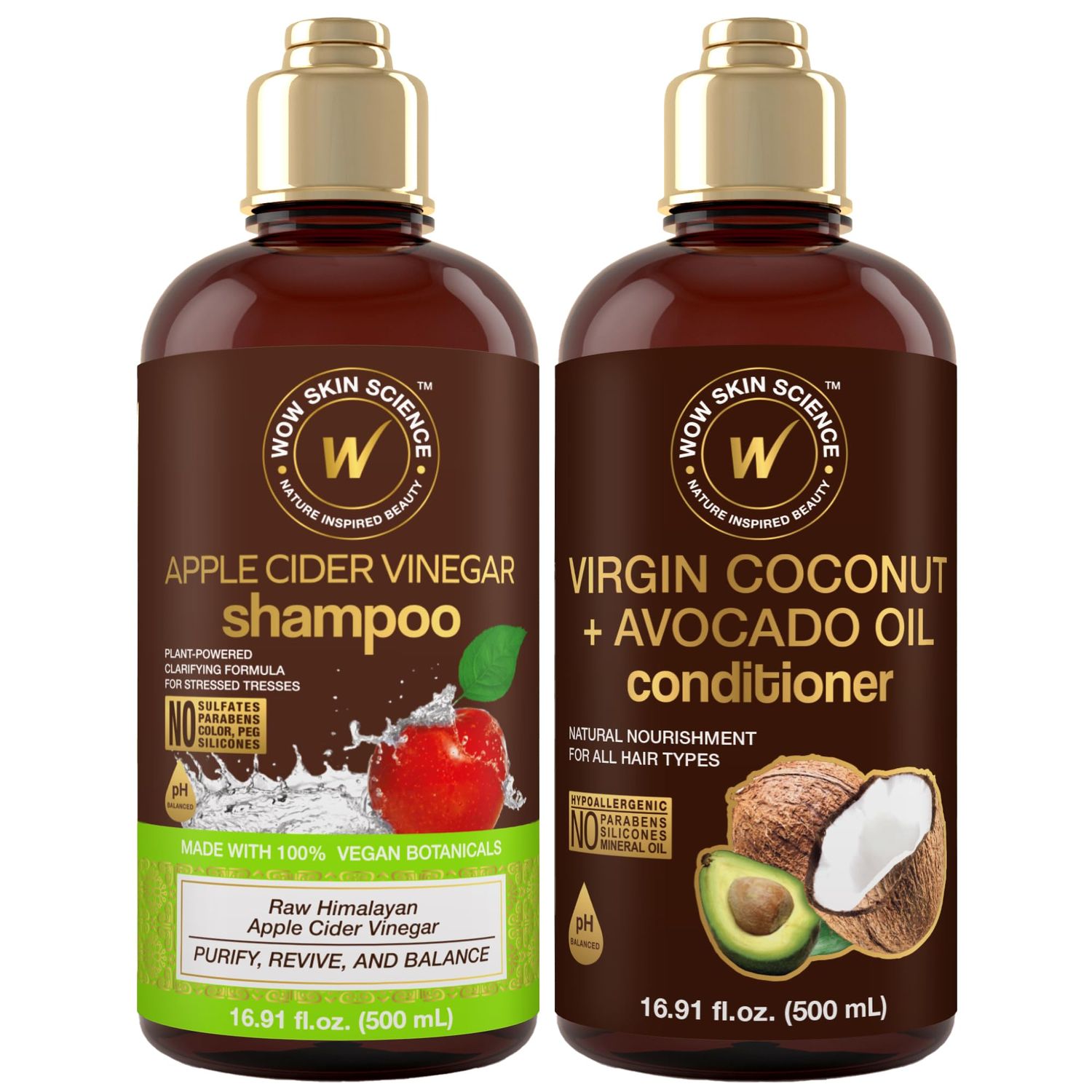 WOW Skin Science Apple Cider Vinegar Shampoo Coconut Avocado Oil Conditioner Duo 16.9 oz