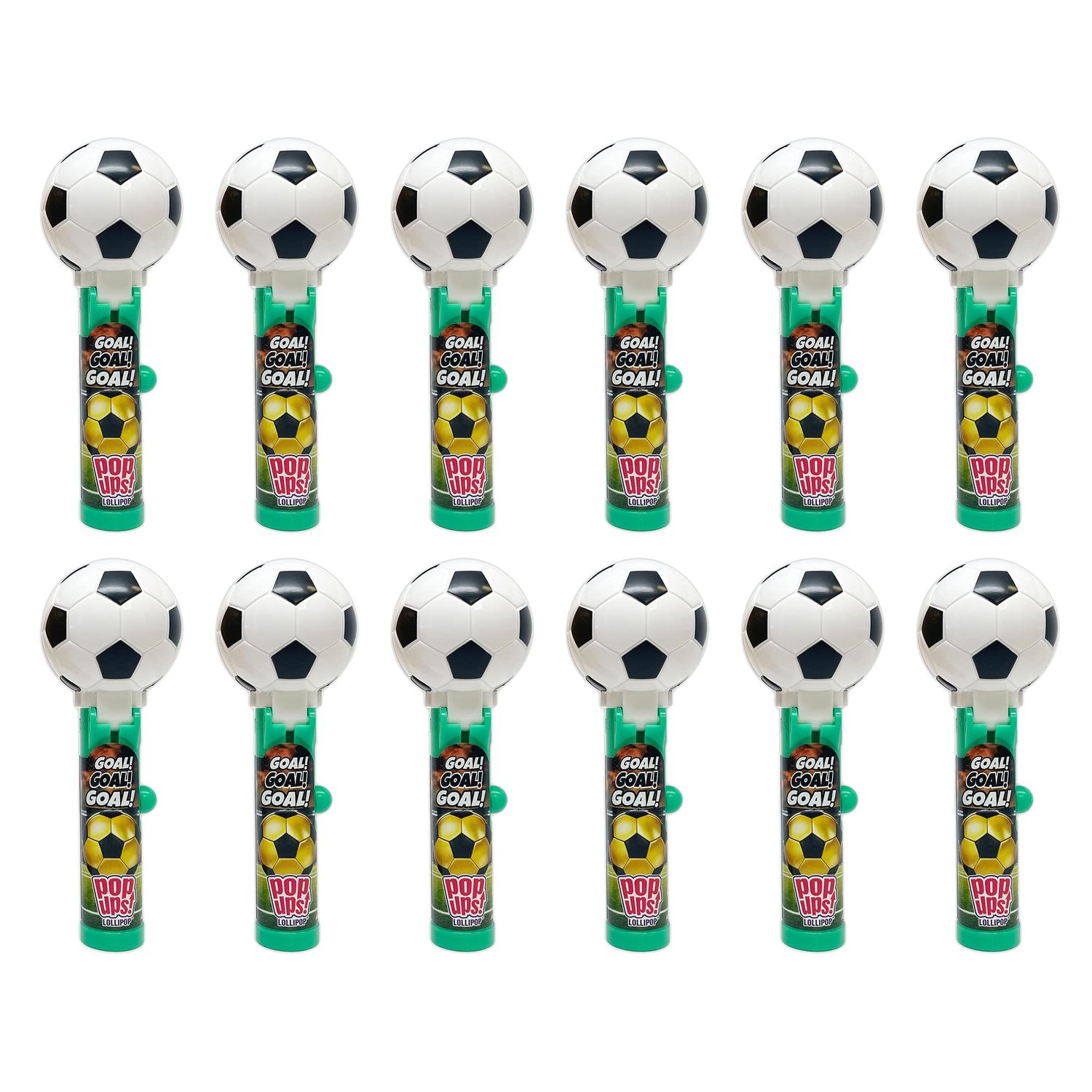 Pop Ups! Soccer Ball Lollipop Holder - 12 Lollipops with Cases - Individually Wrapped Candy Party Favors - Soccer Ball Candy - Bulk Set of 12