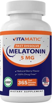 Vitamatic Melatonin 5 mg Tablets Vegetarian, Non-GMO, Gluten Free 1 Year Supply Natural Berry Flavor - 365 Tablets