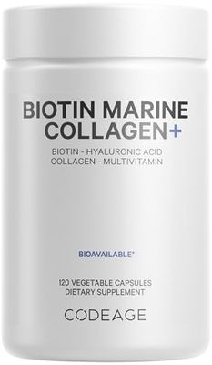 Codeage Biotin Marine Collagen Peptides - Wild-Caught Marine Collagen Types I III, 10,000 mcg Biotin, Vitamins C E, Hyaluronic Acid, Amino Acids, Fruit and Herb Blend, Non-GMO - 120 Capsules