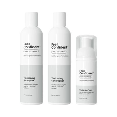 Feel Confident Haircare Collection Tickenning Shampoo, Conditioner and Foam. Developed by a hair transplant surgeon to deliver fuller, more resilient, and confident hair.