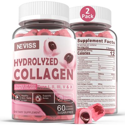 Hydrolyzed Collagen Peptides Gummies 800mg, Sugar Free Multi Peptides Type I II III V X, Plus Biotin, Keratin Vitamin for Women Men Healthy Skin Hair Nails, Bone Support 2 Pack