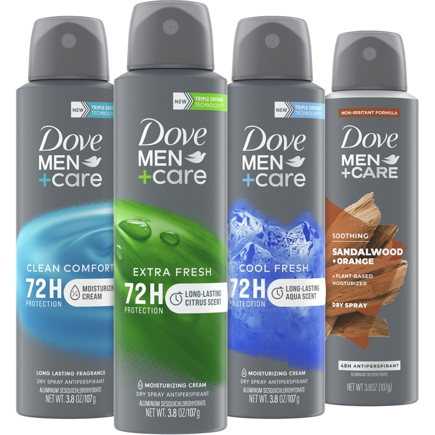 Dove MenCare Dry Spray Antiperspirant Variety 4-Pack - Scented, Non-Irritating with Vitamin E, 72H Sweat Odor Protection, 3.8 Oz Ea