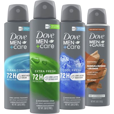 Dove MenCare Dry Spray Antiperspirant Variety 4-Pack - Scented, Non-Irritating with Vitamin E, 72H Sweat Odor Protection, 3.8 Oz Ea