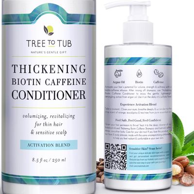 Tree to Tub Biotin Conditioner - Activating Caffeine for Fuller Hair, Thickening Conditioner for Women Men for Dry Damaged Hair, Sulfate Free Conditioner wOrganic Argan Oil Aloe, White