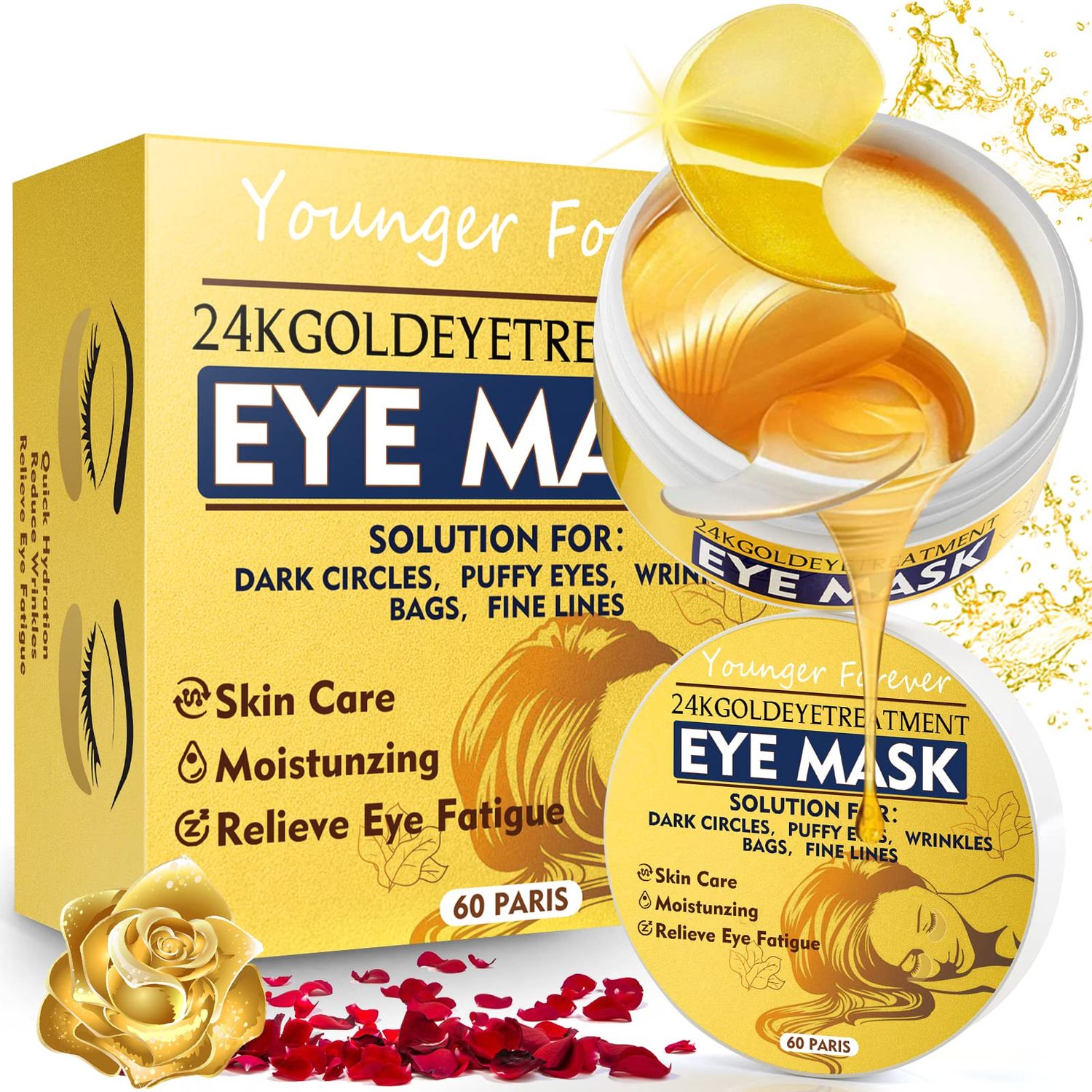 Under Eye Patches, 24K Gold Eye Patches for Puffy Eyes and Dark Circles, Under Eye Masks for Dark Circles and Puffiness, Eye Gel Pads for Eyes Bags Treatment Non-Irritating Eye Mask Skincare