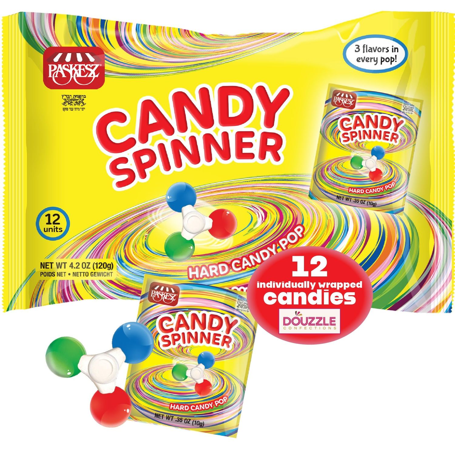 DOUzzle Candy Fidget Spinner, Hard Candy Lollipop 3 Flavors (12 count, Pack of 1) Individually Wrapped Candies, Birthday Party Favors, Goodie Bags Stuffers, Pinata Filler - Kosher Parve