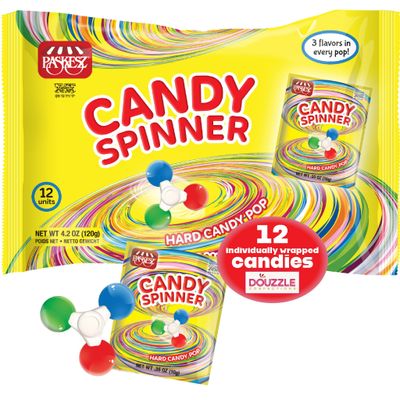 DOUzzle Candy Fidget Spinner, Hard Candy Lollipop 3 Flavors (12 count, Pack of 1) Individually Wrapped Candies, Birthday Party Favors, Goodie Bags Stuffers, Pinata Filler - Kosher Parve