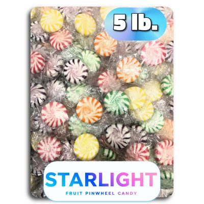 Starlight Pinwheel Fruit Disc. Hard Candy. Assorted Flavors (Strawberry, Orange, Lemon, Grape, Lime). Individually Wrapped Candies. 5 Pound Bulk Bag. Approx. 400 count.