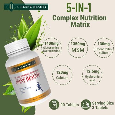 U Renew Beauty Glucosamine Chondroitin MSM and Hyaluronic Acid Calcium Supplements Used for Cartilage Joint Health Flexibility Repair Support Formula,Non-GMO Ingredients,Gluten Free,90 Tablets