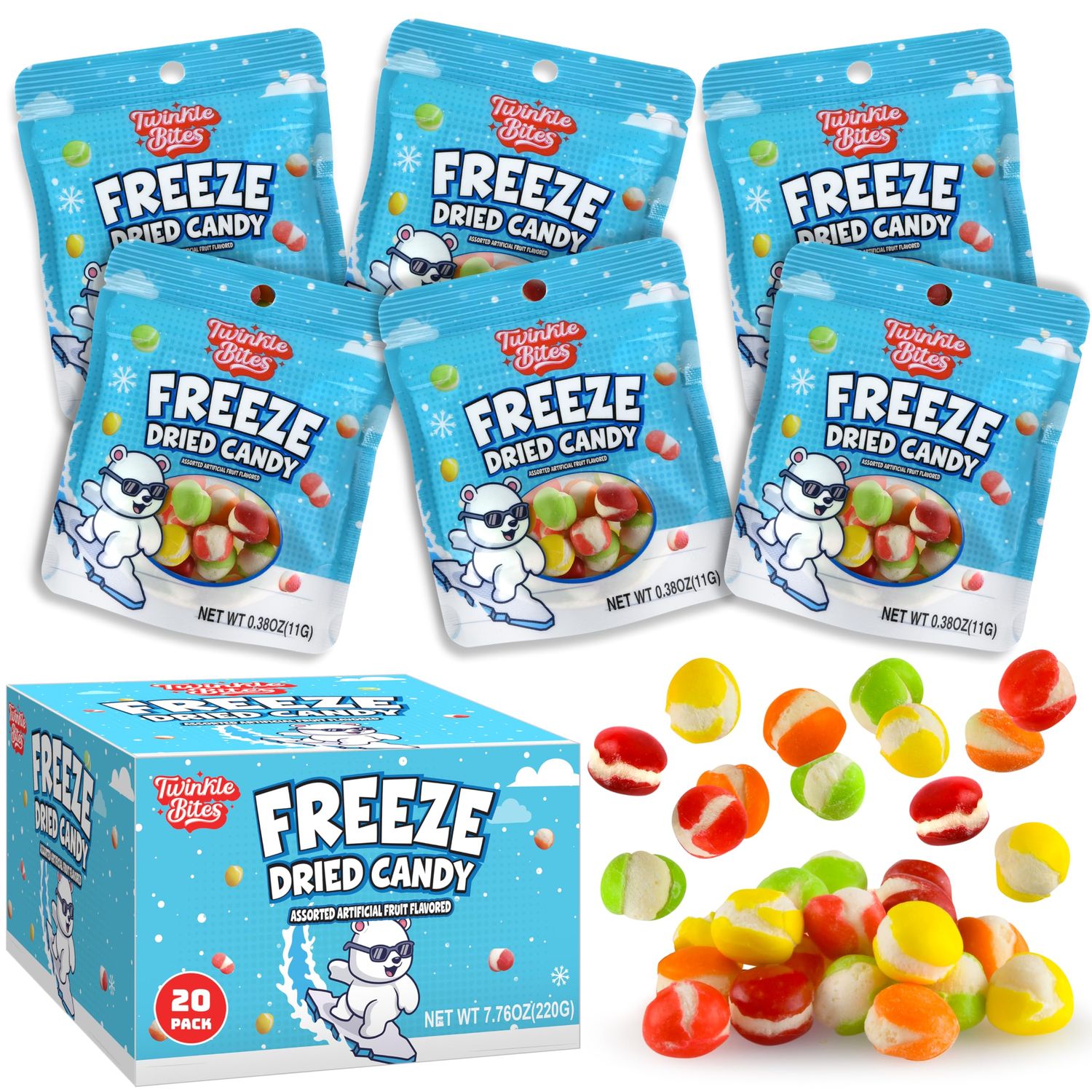 20 Pack Freeze Dried Candy- About 10 Pcs Per Bag - Bulk Treat Candy In Resealable Bag - Great For Kids, Adults, School, Party Favors, Birthday Party- 5 Delicious Flavors