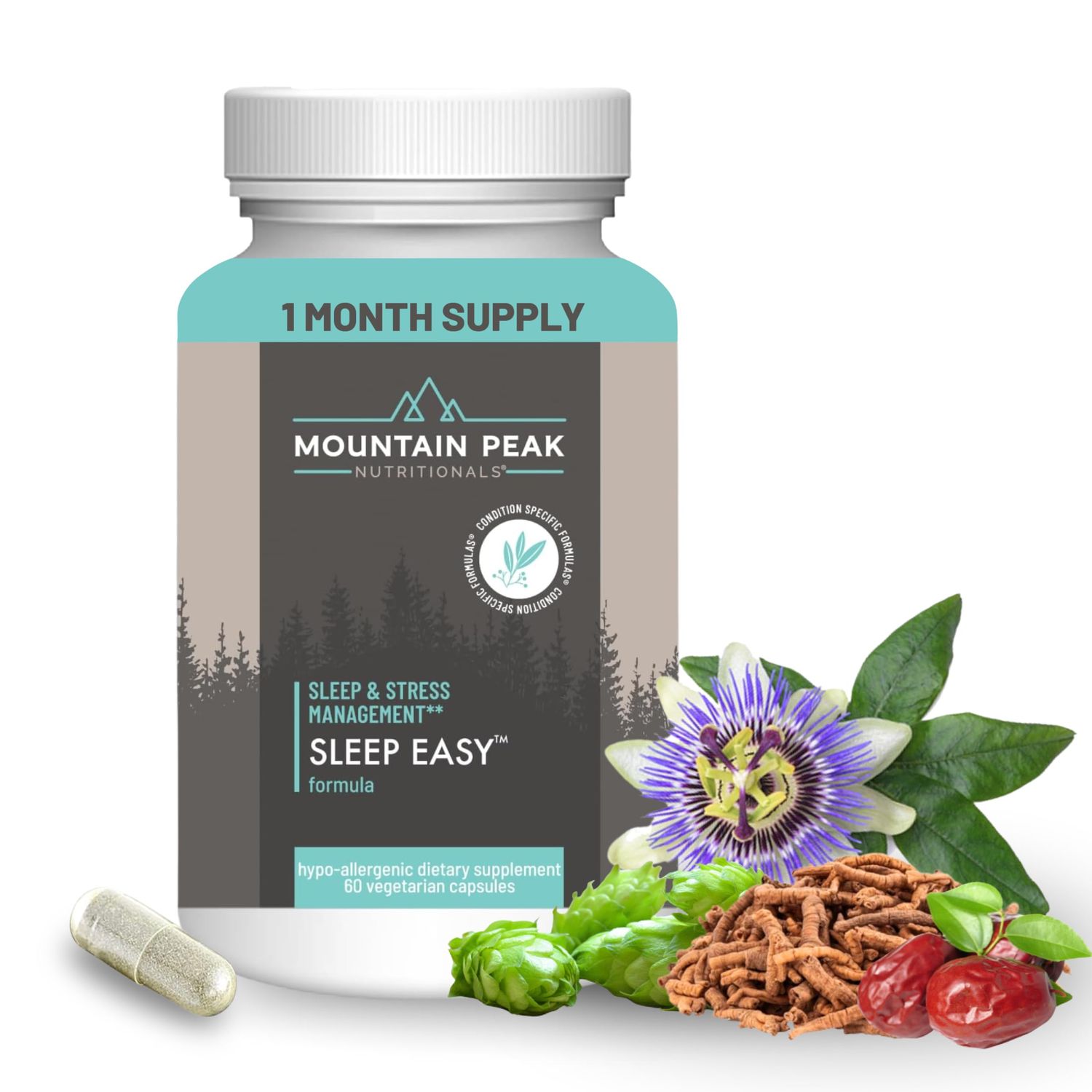 Mountain Peak Nutritionals Sleep Easy - Sleep Support Supplement Promoting A Relaxed Calm Mood - 5-HTP, Amino Acids, Melatonin, Magnesium - Hypoallergenic Dietary Supplement (60 Capsules)