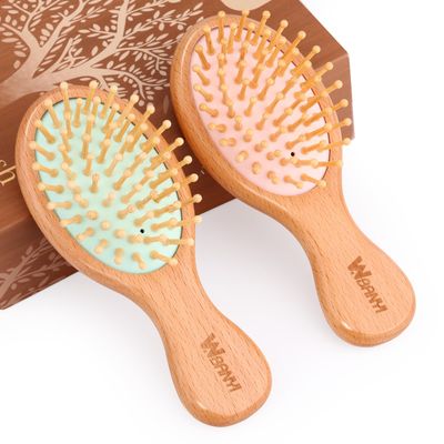 2Pcs Mini Travel Wooden Hair Brush for Women, WBANYI Small Massage Hair Brush with Natural Bamboo Bristle for Hair Growth, Hair Comb for Girls, Boys, Kids - New Upgraded Quality Air Cushion
