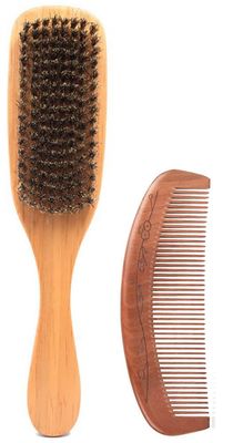 Wooden Boar Bristle Brush and Comb Set for Women and Men - Paddle Hairbrush for Smoothing Fine Thin Hair, Peach Wood Comb for Detangling - Makes Hair Shiny and Soft