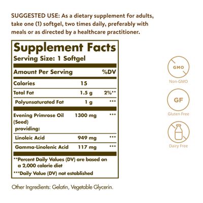 Solgar Evening Primrose Oil 1300 mg, 60 Softgels - Promotes Healthy Skin Cardiovascular Health - Nutritional Support for Women - Non-GMO, Gluten Free, Dairy Free - 60 Servings