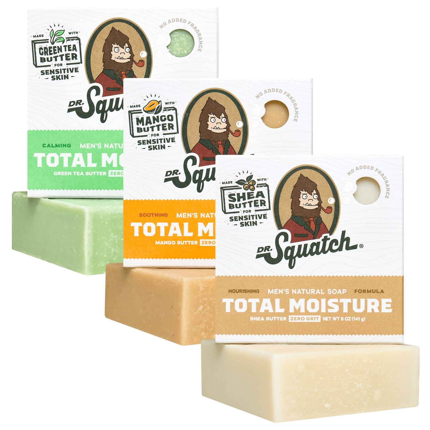 Dr. Squatch NEW Total Moisture Bar Soap for Men - No Added Fragrance Formulated for Sensitive Skin - Shea Butter, Mango Butter Green Tea Butter (5 oz, 3-pack)