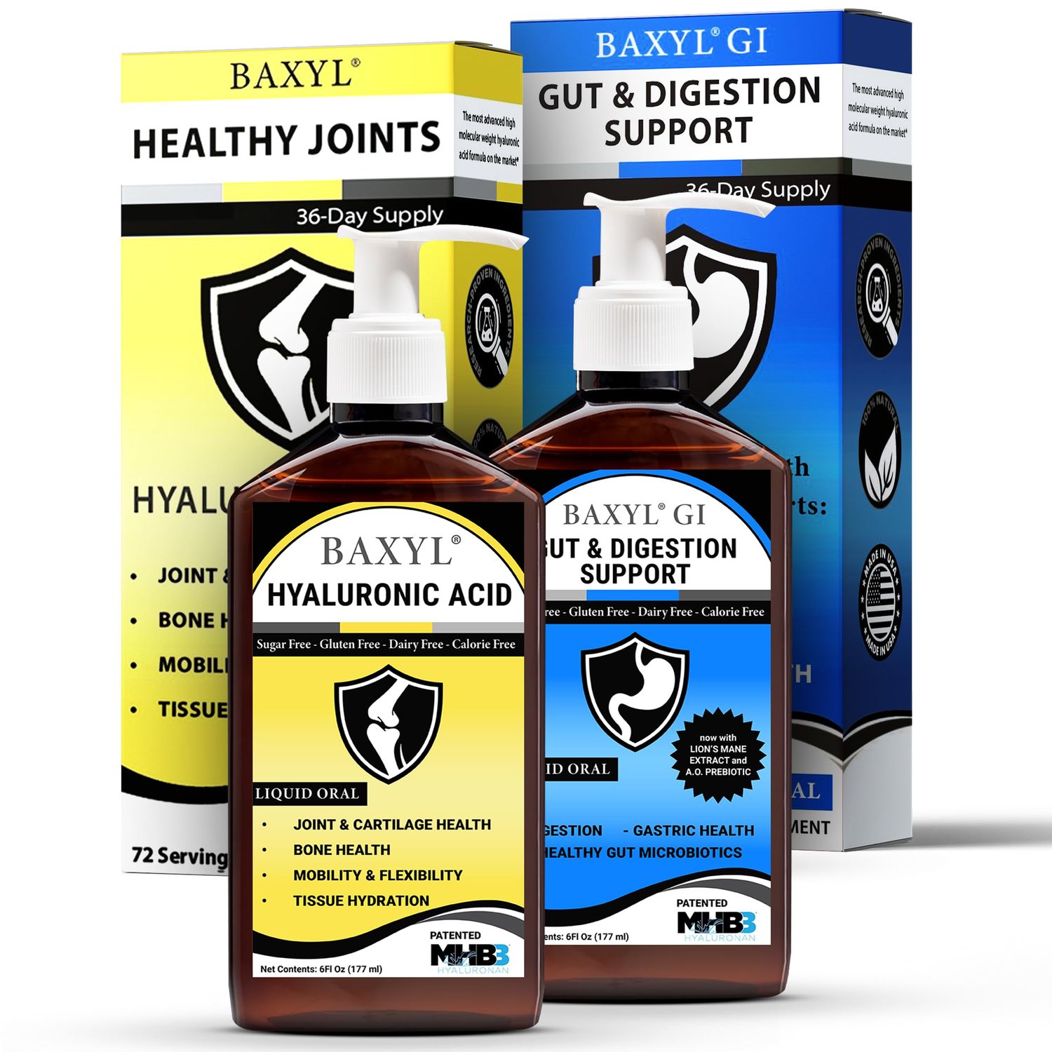BAXYL BaxylGI Bundle Pack - (6 fl oz Each) - Hyaluronic Acid Joint Supplement Hylarunonan Amaferm Prebiotic Digestive Supplement.