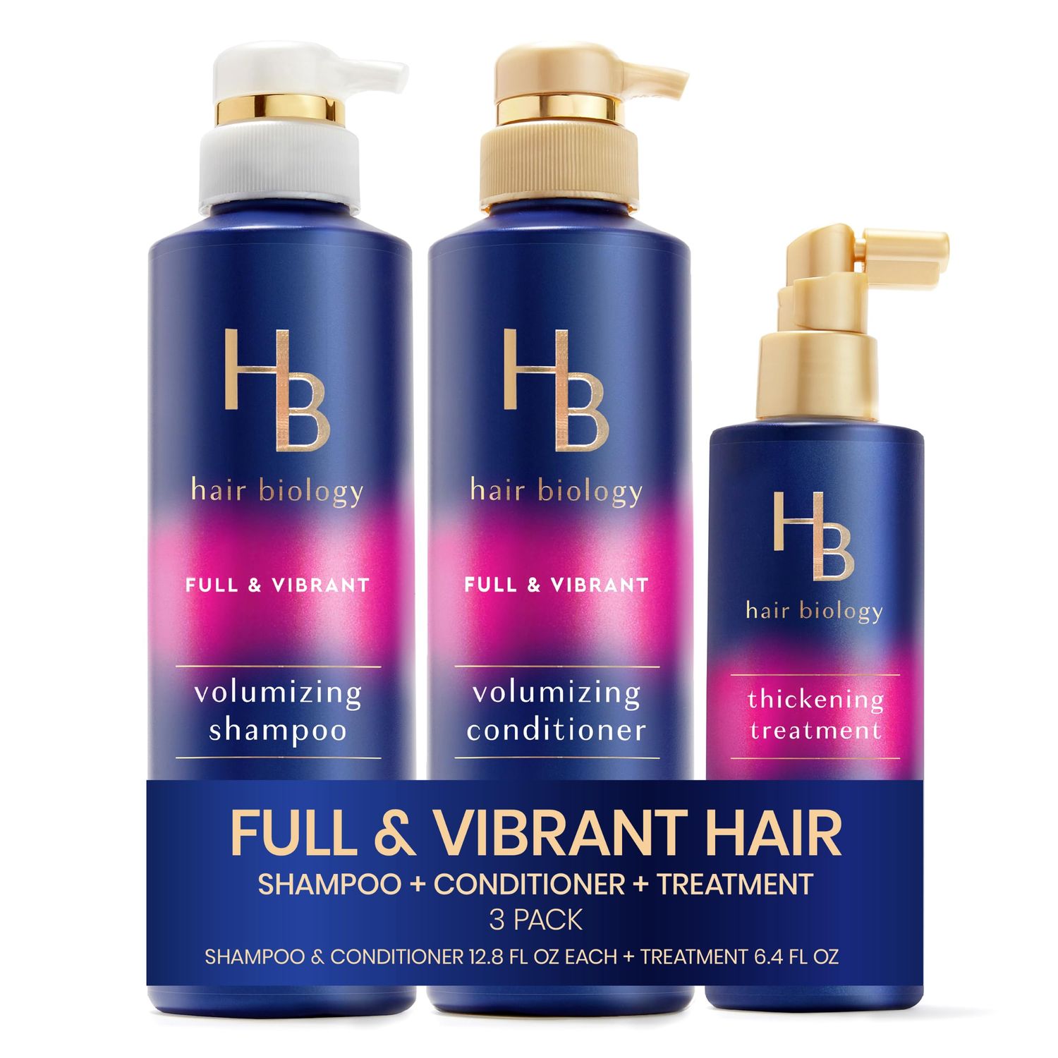 Hair Biology Full Vibrant Set Including: Volumizing Shampoo (12.8 Fl Oz), Conditioner (12.8 Fl Oz) Thickening Treatment (6.4 Fl Oz), for Thin or Fine Hair, Biotin Infused, Paraben-Free, Color-Safe