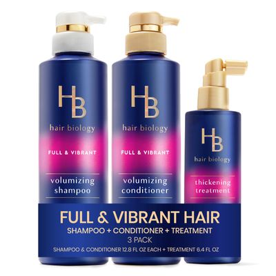 Hair Biology Full Vibrant Set Including: Volumizing Shampoo (12.8 Fl Oz), Conditioner (12.8 Fl Oz) Thickening Treatment (6.4 Fl Oz), for Thin or Fine Hair, Biotin Infused, Paraben-Free, Color-Safe