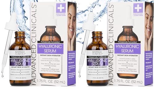 Advanced Clinicals Hyaluronic Acid Serum For Face Moisturizing Facial Skin Care Products Hydrating Serum For Face Helps Improve Look Of Wrinkles, Fine Lines, Uneven Dry Skin Texture, 2-Pack