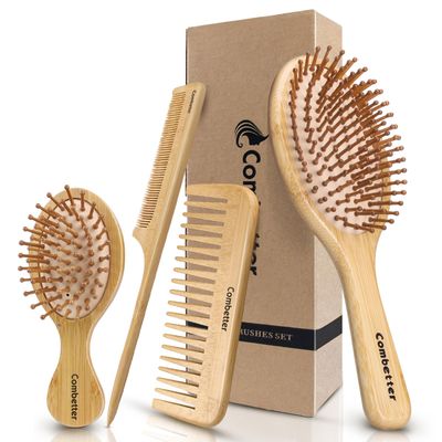 Combeter Bamboo Hair Brush and Comb Set (4PCS) - Natural Eco-Friendly Detangler Comb for Women, Men Kid, Reduces Frizz, Promotes Healthy Hair Growth - Wooden Paddle with Scalp Massage