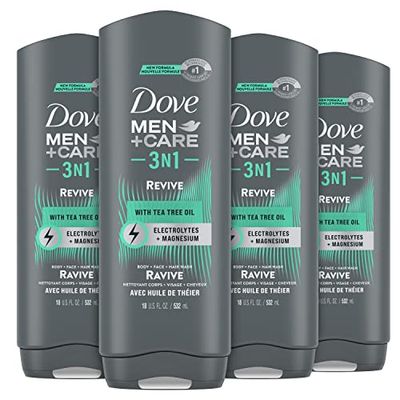 DOVE MEN CARE Post-Workout Body Wash 3N1 Revive 4 Count For Men With Tea Tree Oil, 18 oz