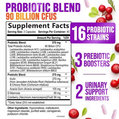 Probiotics for Women - 90 Billion CFU 16 Probiotic Strains with Cranberry, Vaginal Probiotics with Prebiotics PH, Digestive, UT, Immune, Feminine Health Support, Pro Biotics for Women, 120 Capsules