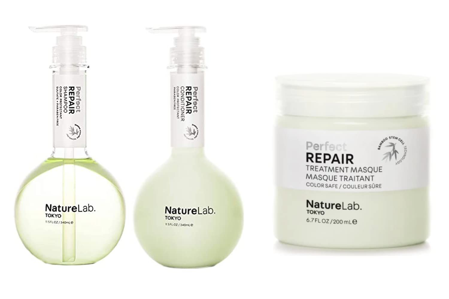 NATURELAB. TOKYO Perfect Repair Bundle: Shampoo 11.5 oz, Conditioner 11.5 oz Treatment Masque 6.7 oz for Damaged Hair 59 Value, Plant-Powered, Sulfate-Free, Color-Safe