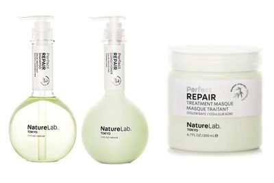 NATURELAB. TOKYO Perfect Repair Bundle: Shampoo 11.5 oz, Conditioner 11.5 oz Treatment Masque 6.7 oz for Damaged Hair 59 Value, Plant-Powered, Sulfate-Free, Color-Safe