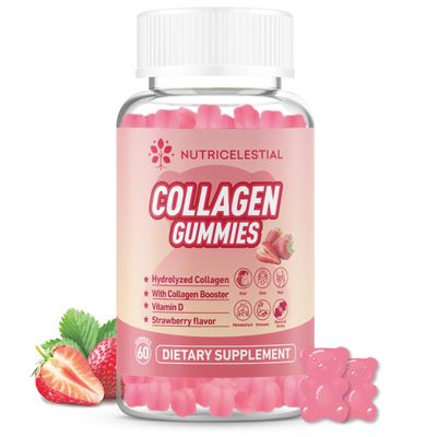 NUTRICELESTIAL Collagen Gummies - Hydrolyzed Collagen with Vitamin D Biotin, 60 Strawberry Gummies, May Support Skin, Hair, Nails, Immune Joint Health - Non-GMO, Gluten Dairy-Free