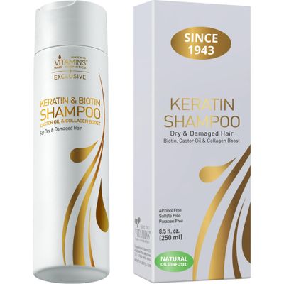 VITAMINS hair cosmetics Keratin Shampoo Treatment - Biotin Collagen Protein with Castor Oil for Curly Wavy or Straight Locks - Sulfate Free Product for Dry Damaged or Color Treated Hair