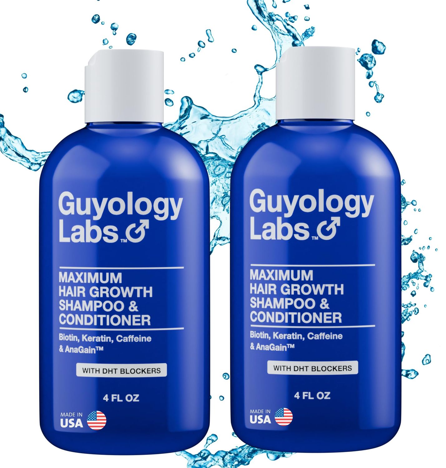 Hair Growth Shampoo Conditioner for Men - 2 x 4oz - DHT Blockers, Biotin Keratin for Thicker Hair - Reduces Hair Loss, Promotes Growth - Made in USA by Guyology Labs