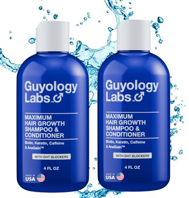 Hair Growth Shampoo Conditioner for Men - 2 x 4oz - DHT Blockers, Biotin Keratin for Thicker Hair - Reduces Hair Loss, Promotes Growth - Made in USA by Guyology Labs