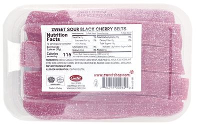 Zweet Sour Black Cherry Candy Belts 10 Ounce - Sour Kosher Candy, Halal Candy Belts - Resealable Pack of Sour Licorice Belts (10 Ounce)